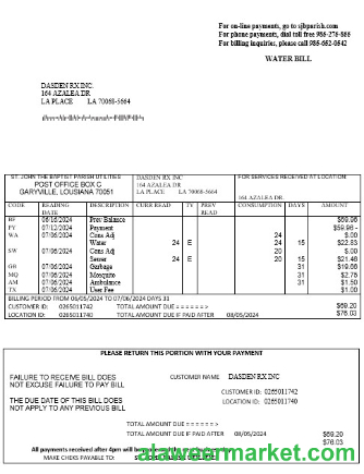 USA Louisiana St. John the Baptist Parish water business utility bill in Word and PDF formats